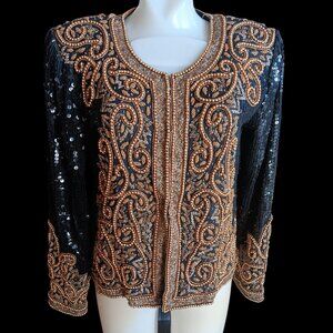 Small Vintage Bolero Jacket Black Gold Beaded Sequin Embroidery Patra
